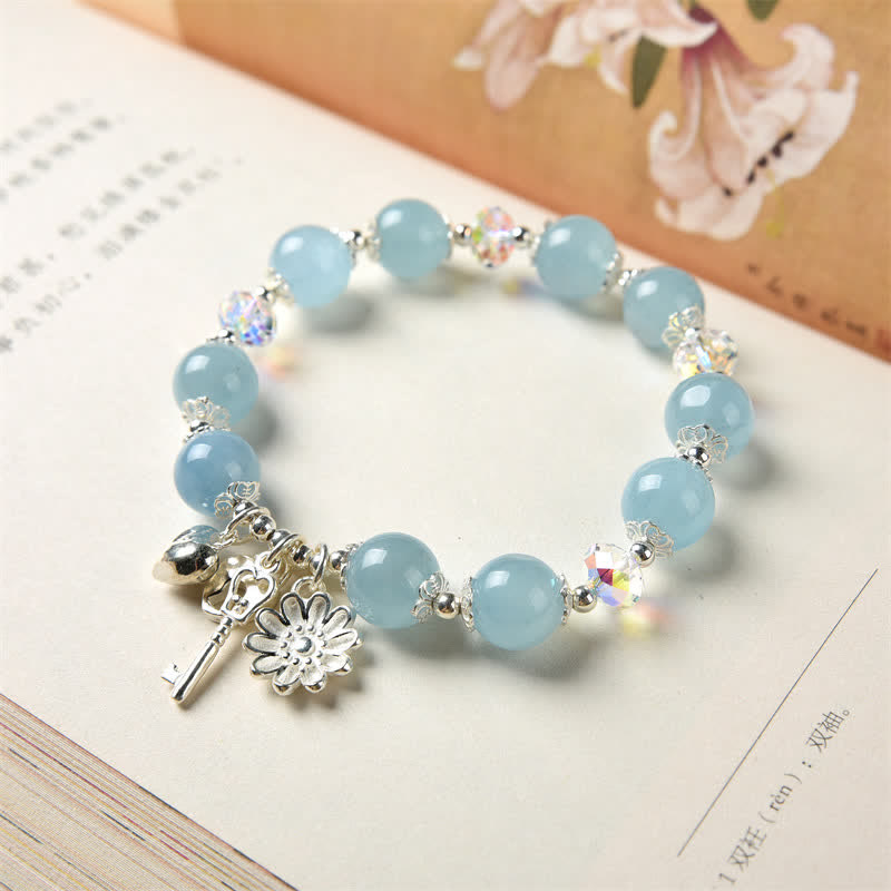 925 Sterling Silber natürliches Aquamarin Serenity Flower Love Schlüsselanhänger-Armband