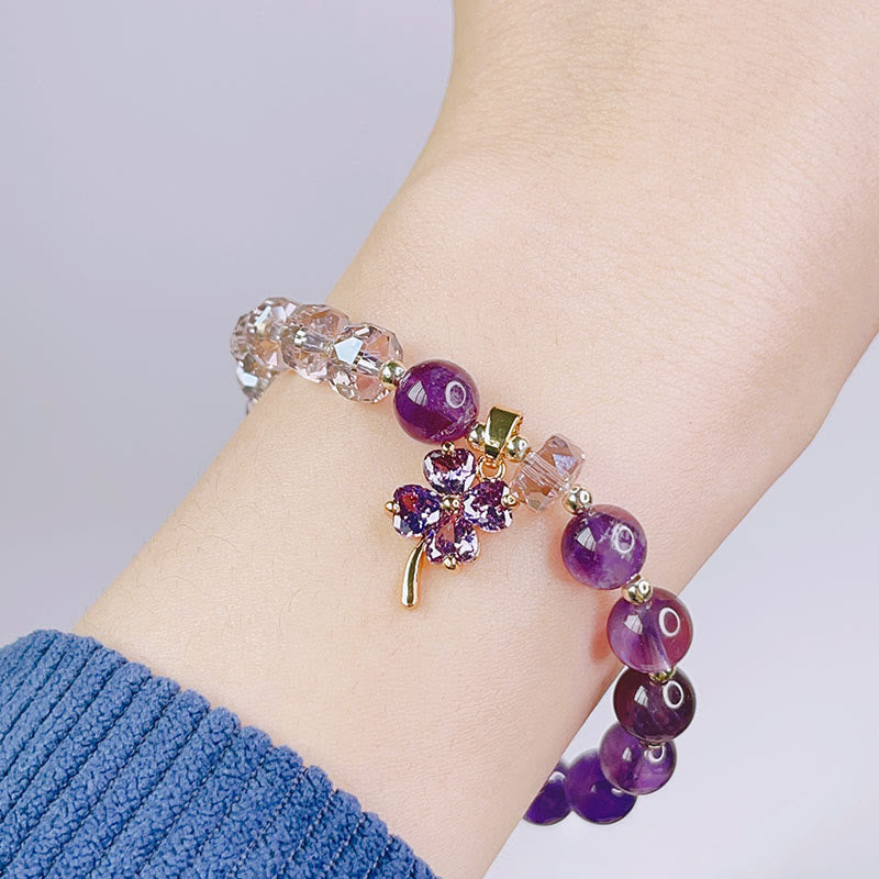 Buddha Stones Amethyst-Kristall, vierblättriges Kleeblatt, heilendes Charm-Armband