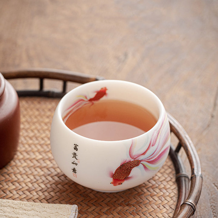 Buddha Stones Koi Fisch Weiß Porzellan-Keramik-Teetasse Kung-Fu-Teetasse