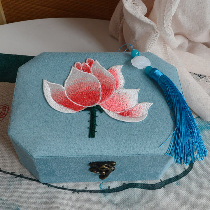 Schmuckschatulle mit Buddha Stonesn, Magnolien- und Pflaumenblüten-Lovebirds, Koi-Fisch-Design, Organizer, Flanell-Schmuckaufbewahrungsbox