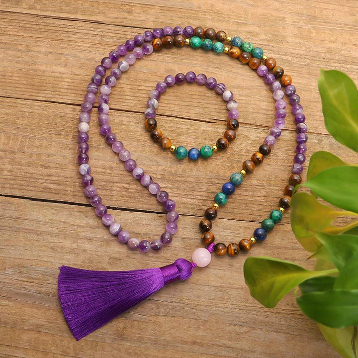 Buddha Stones Tibetischer Amethyst Purify Armband Mala Set