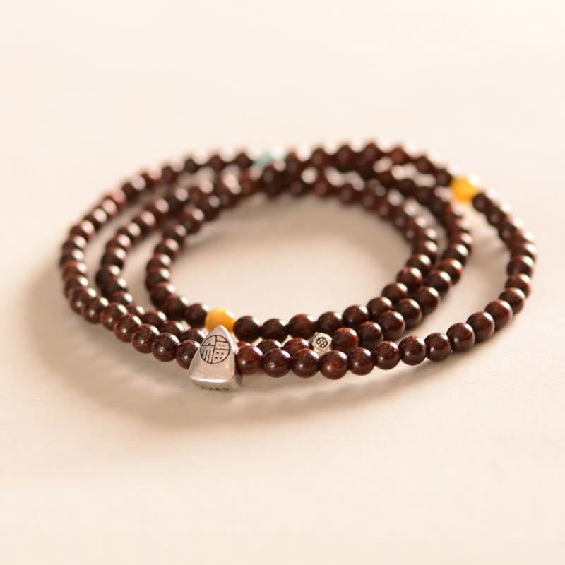 Buddha Stones, 925er-Sterlingsilber, indisches kleines Blatt, rotes Sandelholz, Fu-Charakterschutz, dreifach gewickeltes Armband