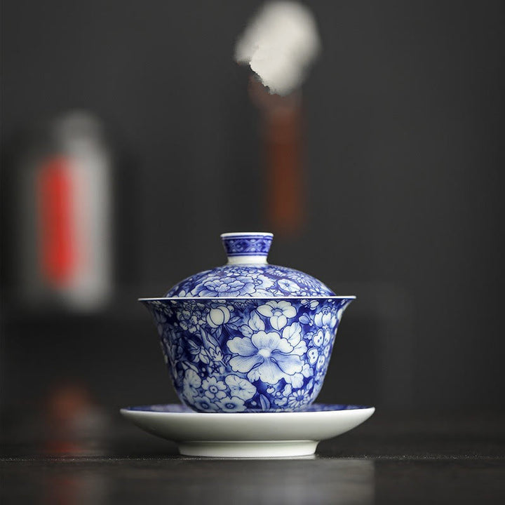 Buddha Stones Vintage blaue und Weiß Porzellan-Keramik-Gaiwan-Sancai-Teetasse Kung-Fu-Teetasse und Untertasse mit Deckel