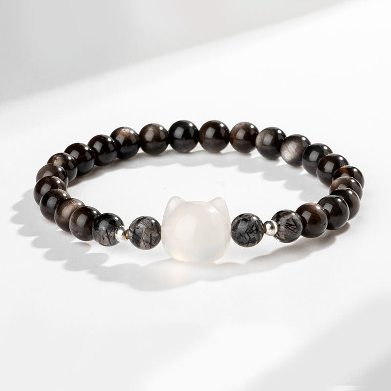 Buddha Stones Natürliches silberglänzendes Obsidian-Armband zum Schutz des niedlichen Katzenkopfes