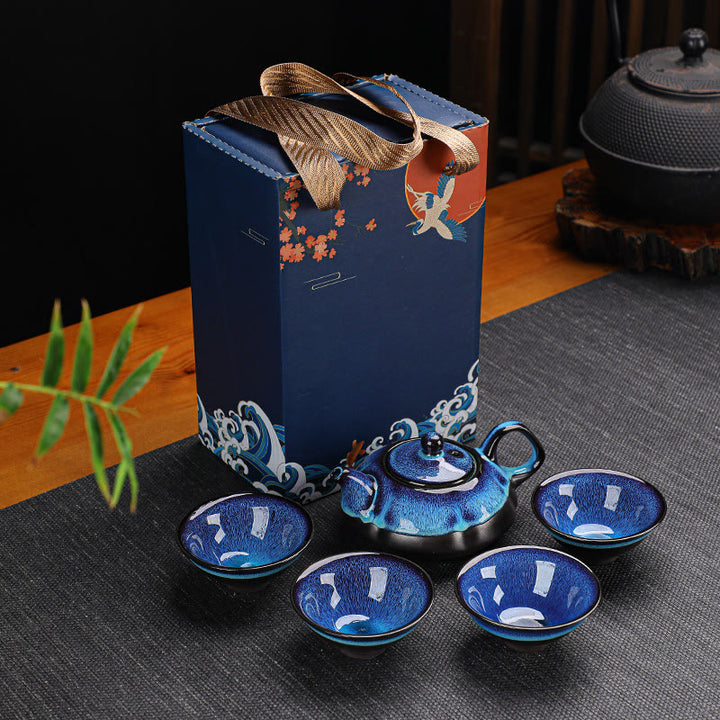 Buddha Stones Vintage Farbverlauf Blau Chinesische Gongfu Teetasse Set Keramik Teekanne Box