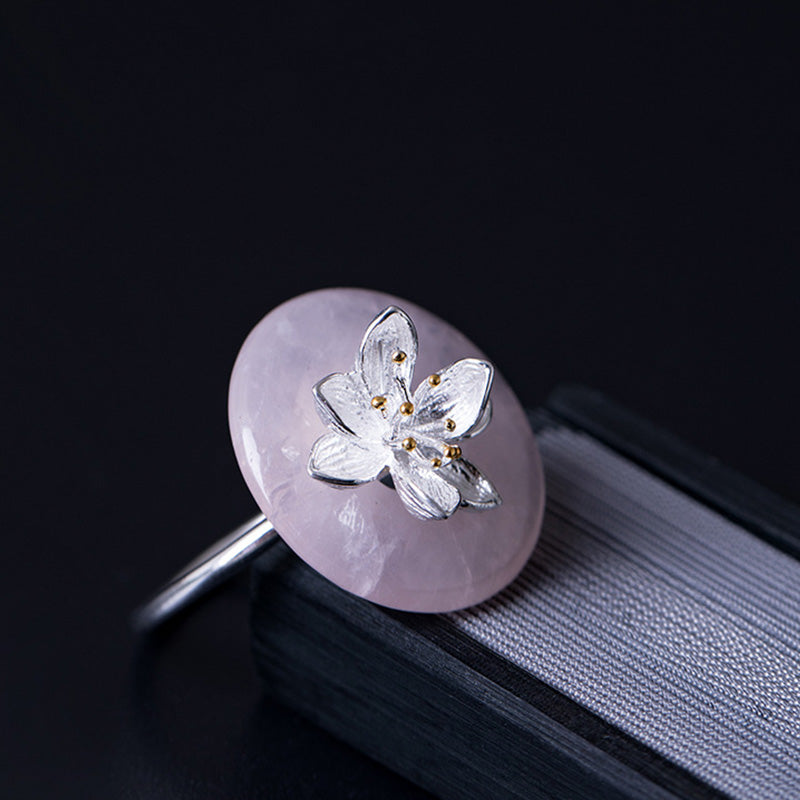 925 Sterling Silber Rosa Kristall Aventurin Lotus Balance Ring