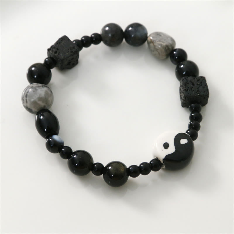 Buddha Stones Schwarzes Onyx-Picasso-Jaspis-Perlen-Yin-Yang-Glücksschutz-Armband