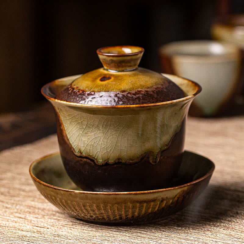 Buddha Stones Vintage Brown Kiln Change Design Porzellan Keramik Gaiwan Sancai Teetasse Kung Fu Teetasse und Untertasse mit Deckel