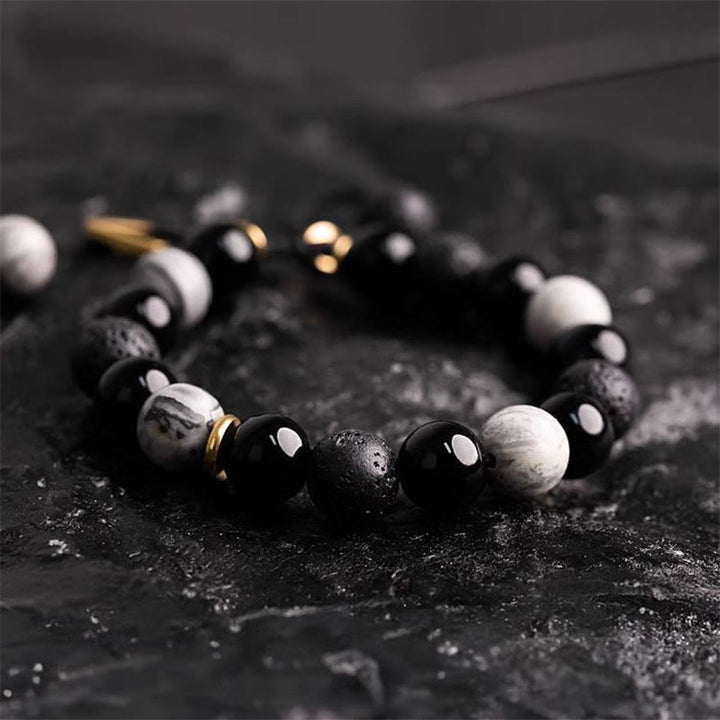 Buddha Stones Armband aus schwarzem Obsidian, Lavastein, Yin-Yang-Stärke