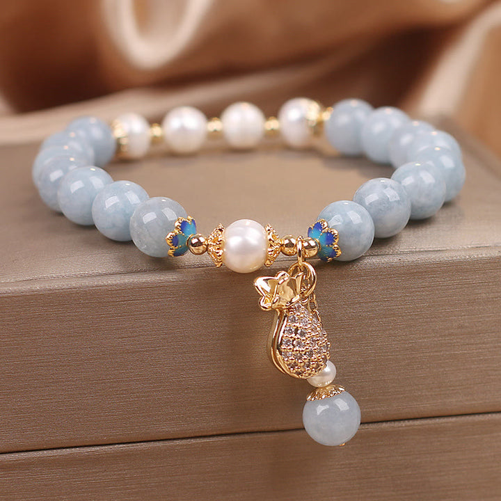 Buddha Stones, Aquamarin-Perlen-Glücksbeutel-Charm-Armband