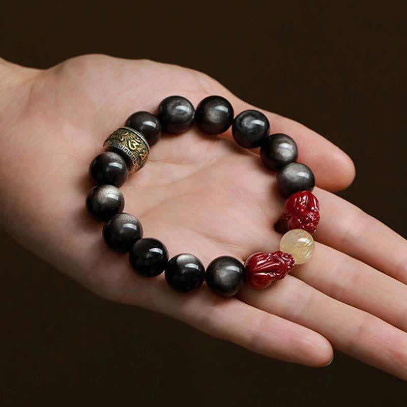 Buddha Stones Gold Sheen Obsidian PiXiu Cinnabar Om Mani Padme Hum Schutzarmband