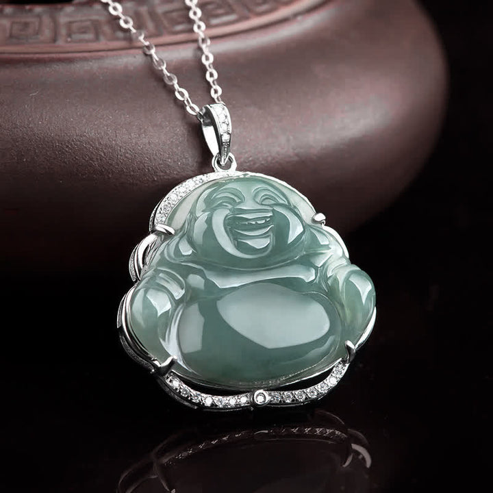 Buddha Stones 925 Sterling Silber Lachender Buddha Natürliche Jade Glück Halskette Kettenanhänger
