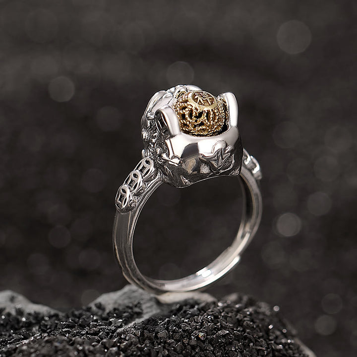 Buddha Stones 925 Sterling Silber PiXiu Kupfer Münze Reichtum verstellbarer Ring