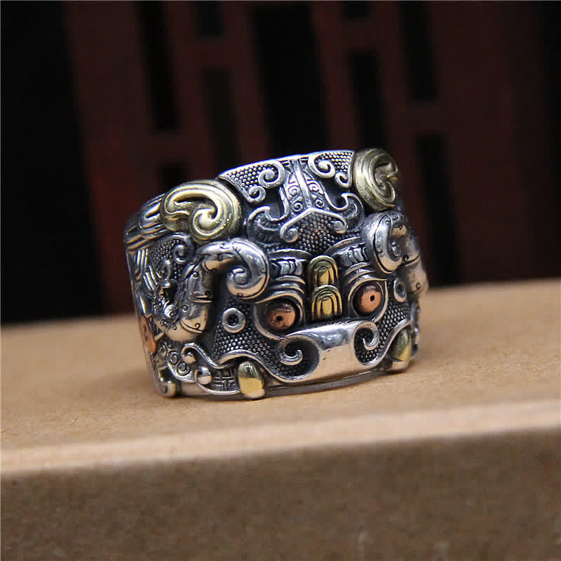 925 Sterling Silber Fengshui Kui Rinderschutz Verstellbarer Ring