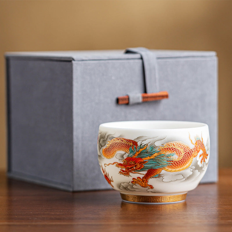 Buddha Stones, Drache, Phönix, verheißungsvolle Wolken, Keramik-Teetasse, Kung-Fu-Teetasse mit Geschenkbox