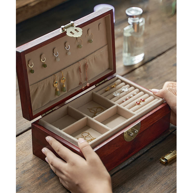 Antike handgemachte rote Sandelholz-Palisander-Schmuck-Aufbewahrungsbox, abschließbare Geschenk-Organizer-Box aus massivem Holz