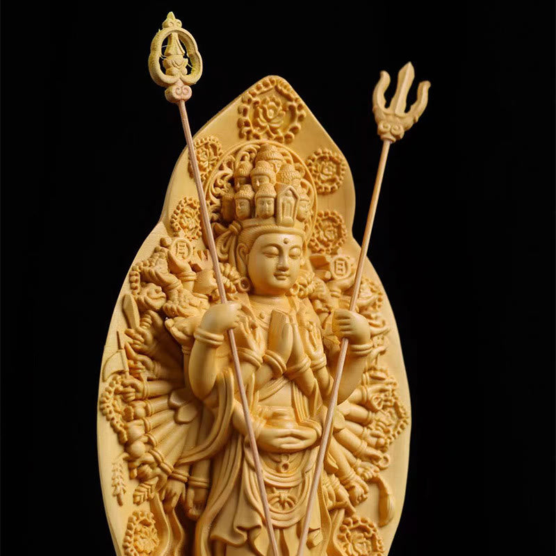 Buddha Stones, handgefertigt, tausendarmiger Avalokitesvara-Kwan-Yin-Bodhisattva-Statue, Buchsbaum, Fülle, Heimdekoration