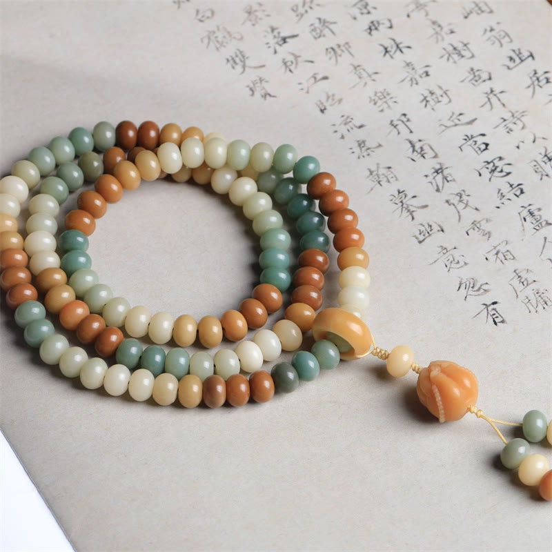Buddha Stones, 108 Mala-Perlen, Farbverlauf, Bodhi-Samen-Buddha, handgraviertes Friedensarmband