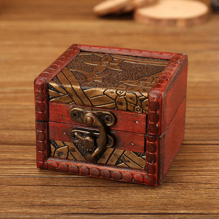 Buddha Stones Retro Kleine Quadratische Holz Schmuck Box Lotus Gras Blume Traube Kupfer Münze Narzisse Schmuck Lagerung Box