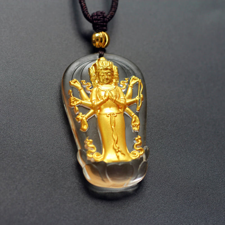 Buddha Stones, tibetischer achtarmiger Avalokiteshvara-Guanyin-Buddha, vergoldeter Liuli-Kristall, Reichtums-Halskettenanhänger