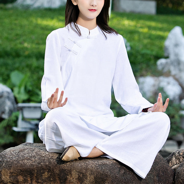 Buddha Stones 2-teiliges, schlichtes, langärmeliges Zen-Yoga-Kleidung, Meditationskleidung, Oberteil und Hose für Damen