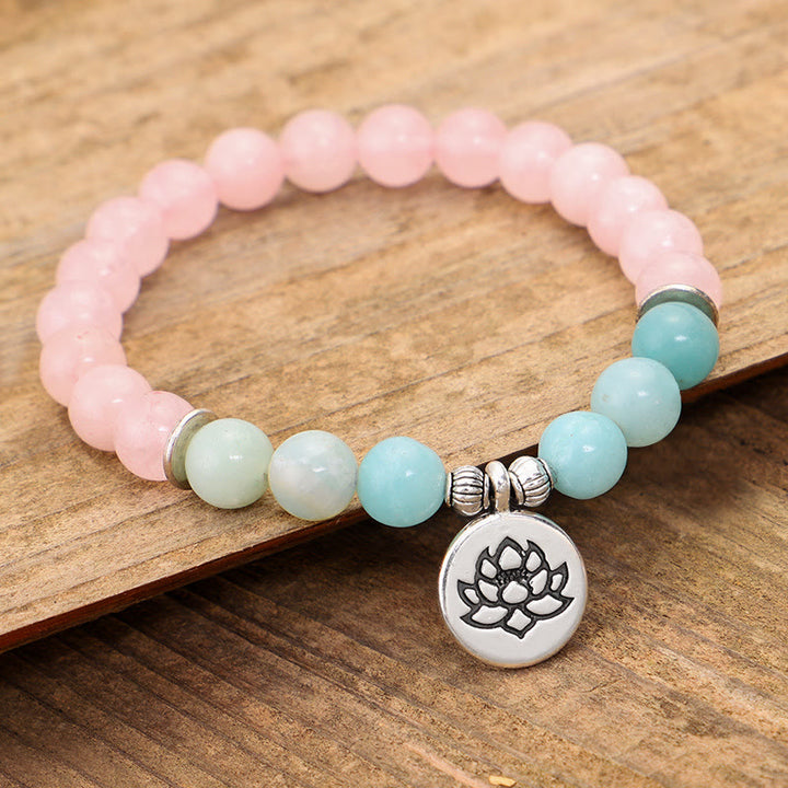 Armband mit Buddha Stonesn, natürlichem rosa Kristall, Amazonit, Lotus, Buddha, OM-Symbol, Wärme