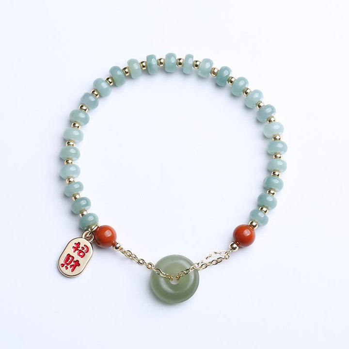 Buddha Stones Natürliches Hetian-Jade-Armband mit rotem Achat, Friedensschnalle, Glücksbringer