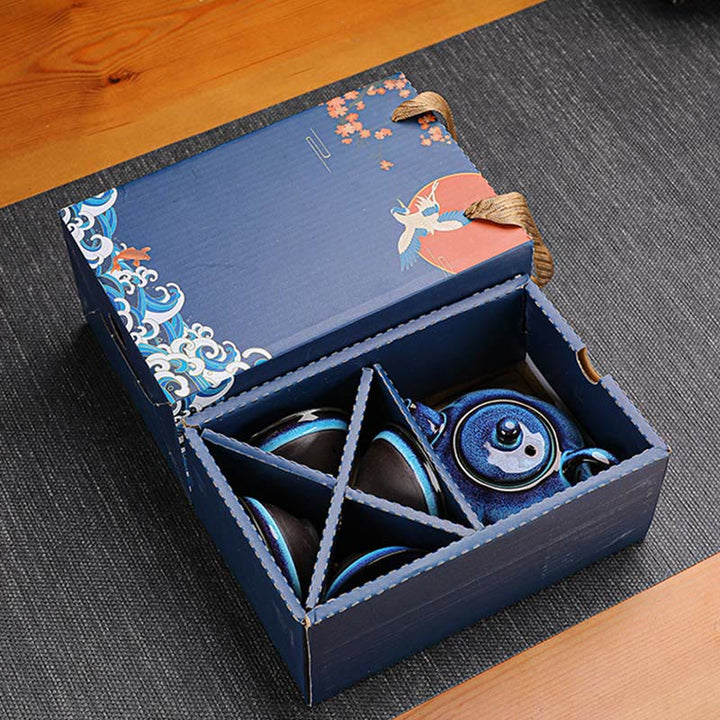 Buddha Stones Vintage Farbverlauf Blau Chinesische Gongfu Teetasse Set Keramik Teekanne Box