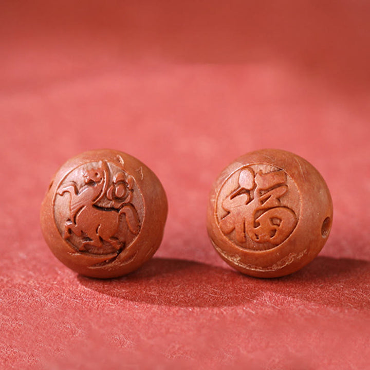 Armband mit Buddha Stonesn, natürlichem Pfirsichholz, chinesischem Sternzeichen Fu, geschnitztem Zinnober-Reichtumsarmband