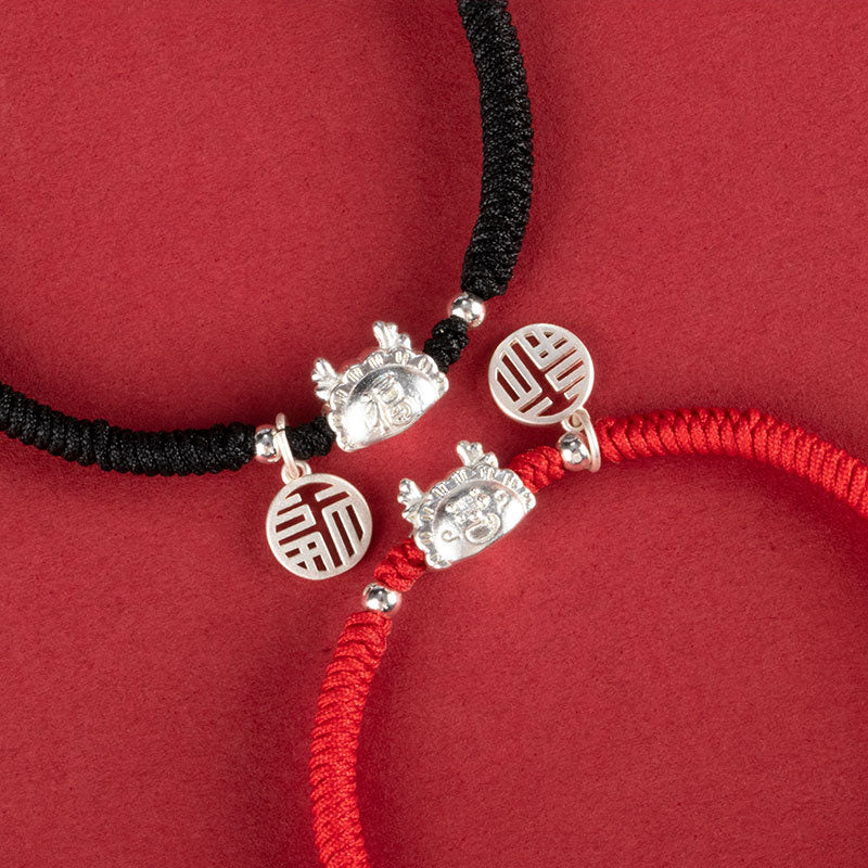 Buddha Stones 999 Sterling Silber Jahr des Drachen Fu Charakter Knödel Glück handgemachtes King Kong Knoten Armband