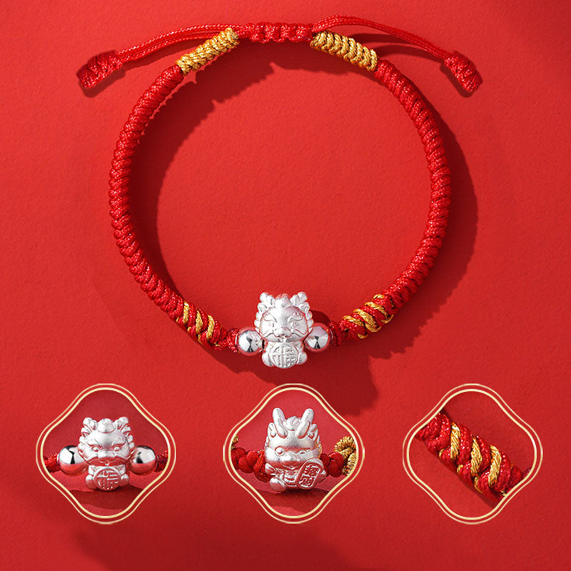 Buddha Stones aus 999er-Sterlingsilber, Jahr des Drachen-Fu-Charakters, ziehen Glück und Glück an, handgefertigtes geflochtenes Armband