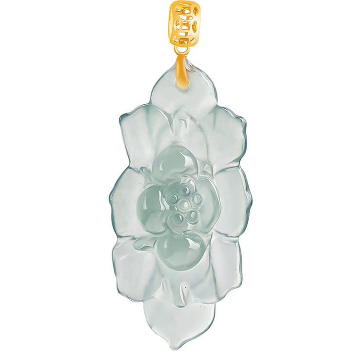 Buddha Stones 18K Gold natürliche Jade Lotus Muster Wohlstand Halskette Anhänger