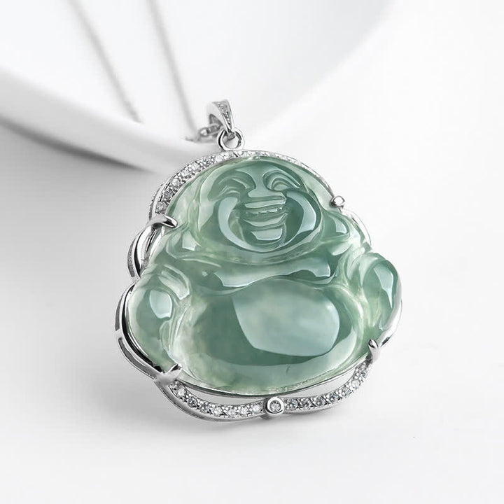 Buddha Stones 925 Sterling Silber Lachender Buddha Natürliche Jade Glück Halskette Kettenanhänger