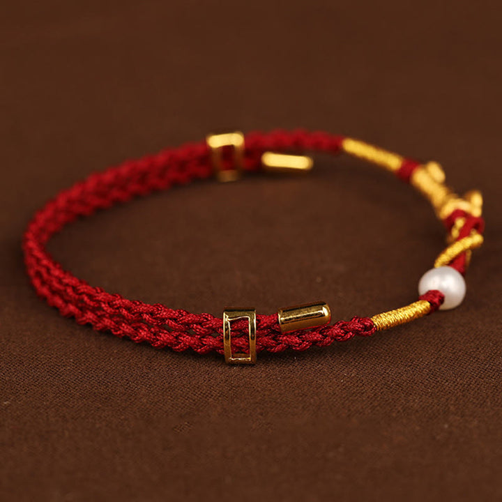 Buddha Stones 24K Gold Wish Ruyi Handle Fu Charakter Kaninchen Perle Glück geflochtenes Armband