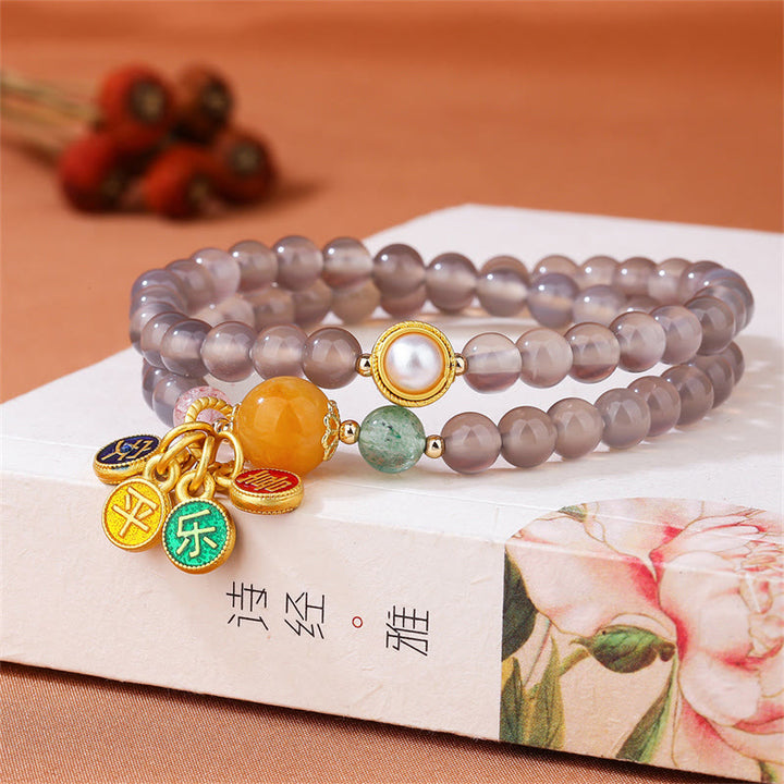 Buddha Stones Natürliches graues Achat-Friedens- und Freude-Charm-Balance-Doppelwickelarmband