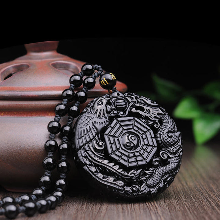 Buddha Stones Bagua Dragon Phoenix Obsidian Erfüllung Anhänger Halskette