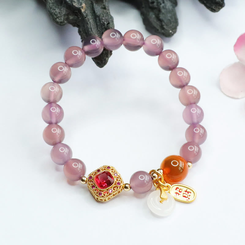 Charm-Armband mit Buddha Stonesn, natürlichem violettem Chalcedon, Bonbon-Achat, Friedensschnalle, Harmonie, Glück, Glück