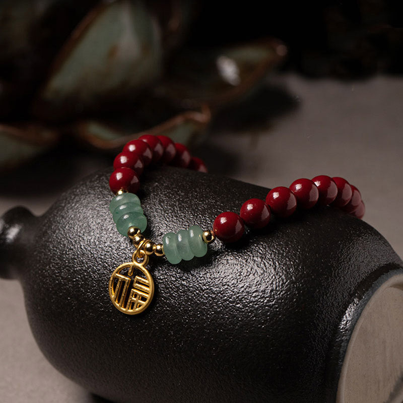 Armband mit Buddha Stonesn, Zinnober, grünem Aventurin, Glückssegen