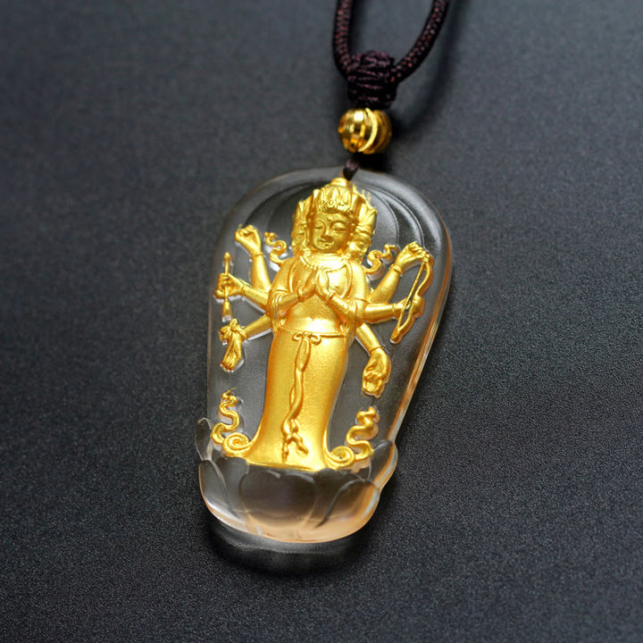 Buddha Stones, tibetischer achtarmiger Avalokiteshvara-Guanyin-Buddha, vergoldeter Liuli-Kristall, Reichtums-Halskettenanhänger