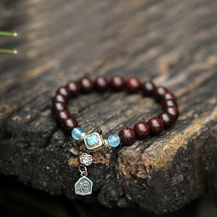 Buddha Stones, 925er-Sterlingsilber, indisches kleines Blatt, rotes Sandelholz, Aquamarin, voller Goldstern, chinesisches Knoten-Segen-Armband