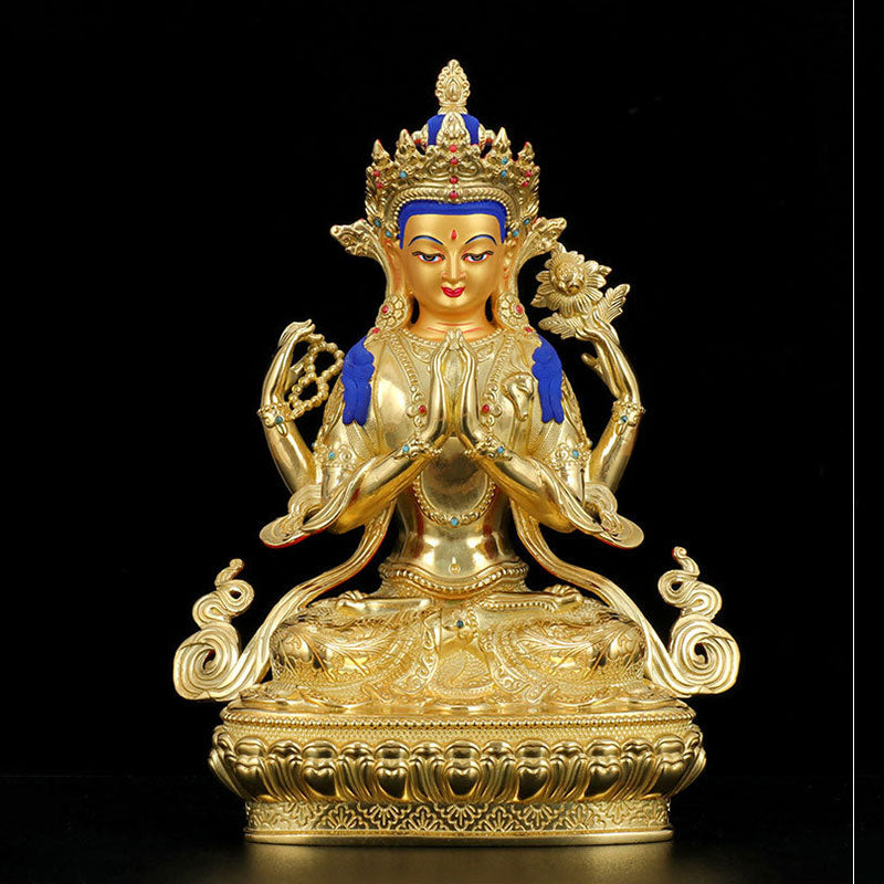 Chenrezig Vierarmige Avalokitesvara-Schutzstatue aus Kupfer, vergoldet, Dekoration