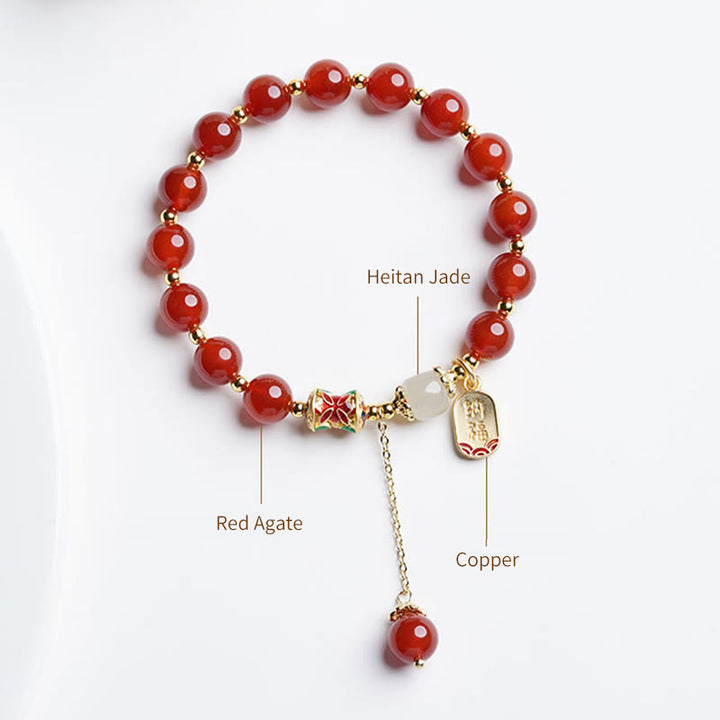 Buddha Stones Natürliches rotes Achat-Hetian-Jade-Fu-Charm-Charm-Armband