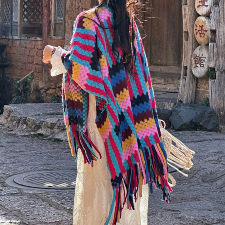Tibetischer Schal mit Buddha Stonesn, Bonbonfarben, geflochtenes Muster, Winter, gemütlich, für Reisen, gestrickt, mit Quasten