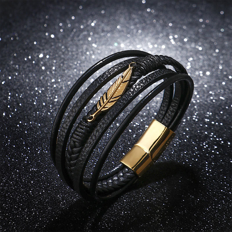 Armband mit Buddha Stonesn, Federmuster, mehrschichtiges Leder, Titanstahl, ruhiges, geflochtenes Armband mit magnetischer Schnalle