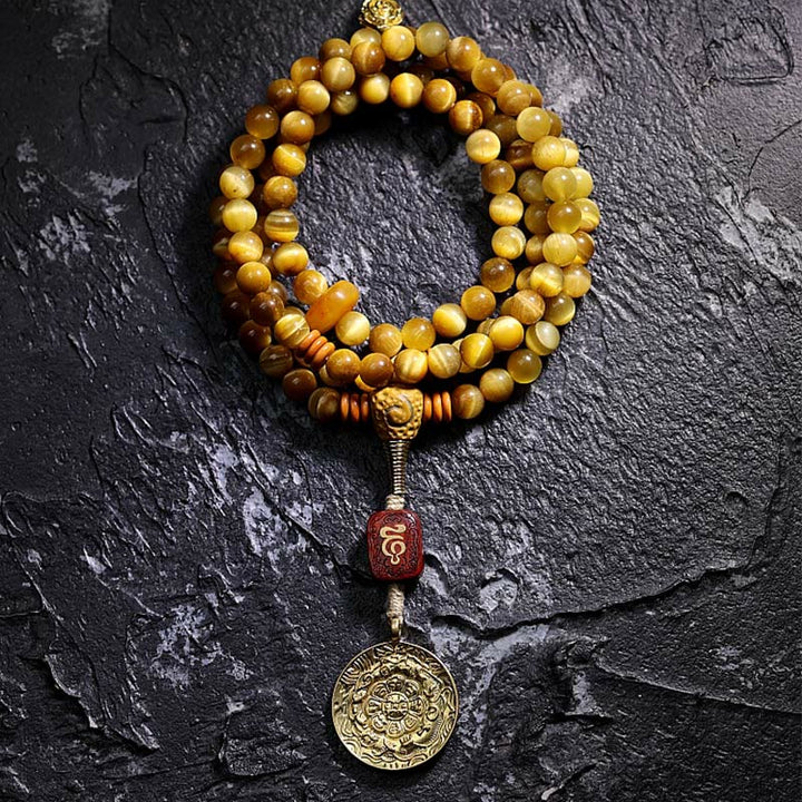 Buddha Stones 108 Mala Perlen Natürliches Tigerauge Kupfer Dorje Schutz Quastenarmband