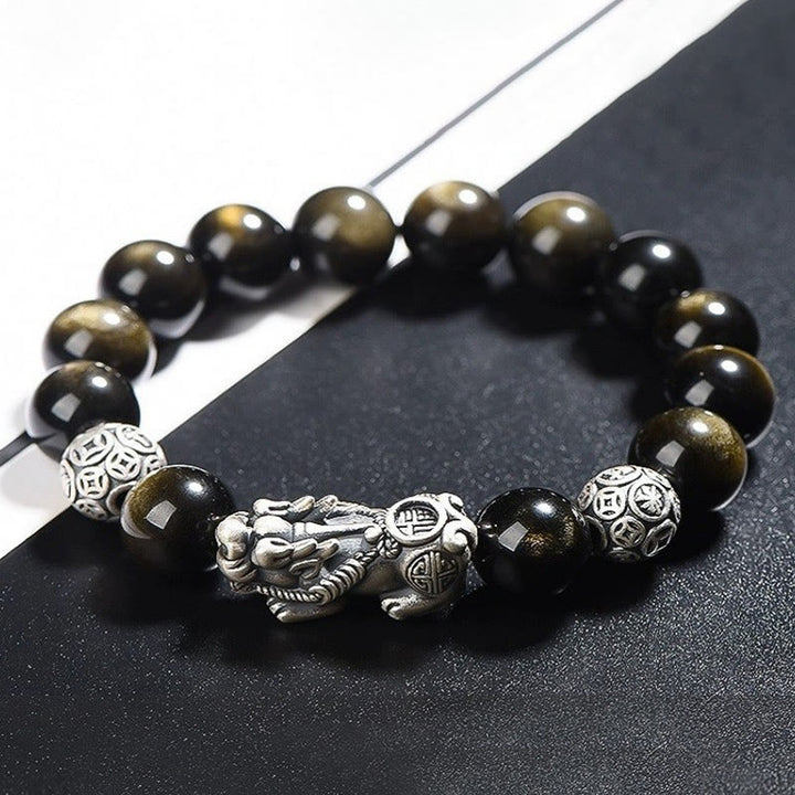 Buddha Stones 925 Sterling Silber Natürlicher Goldglanz Obsidian PiXiu Reichtumsschutzarmband