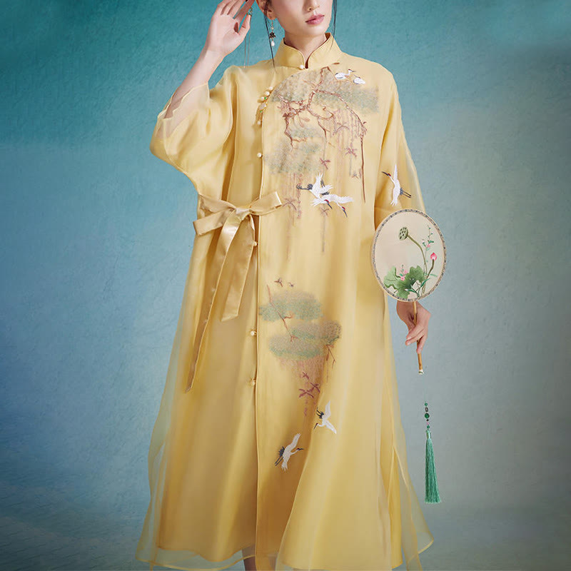 Buddha Stones 100 % Maulbeerseide 6 Momme Kleid Retro Kiefernbaum Kranich Stickerei Qipao Kleid Damen Cheongsam Kleid
