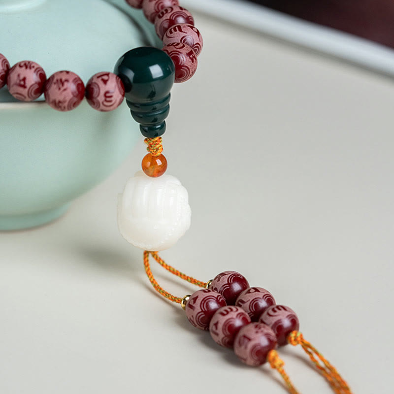 Buddha Stones, roter Bodhi-Samen, Om Mani Padme Hum Lotus, graviertes Harmonie-Armband