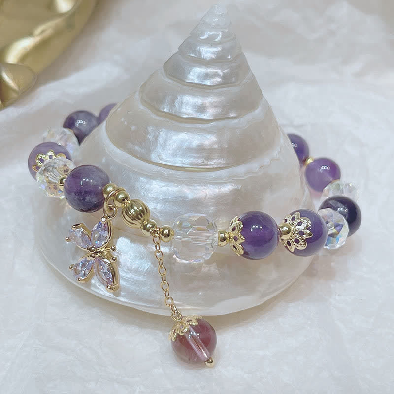 Charm-Armband mit Buddha Stonesn, natürlichem Amethyst-Kristall, spiritueller Schmetterling