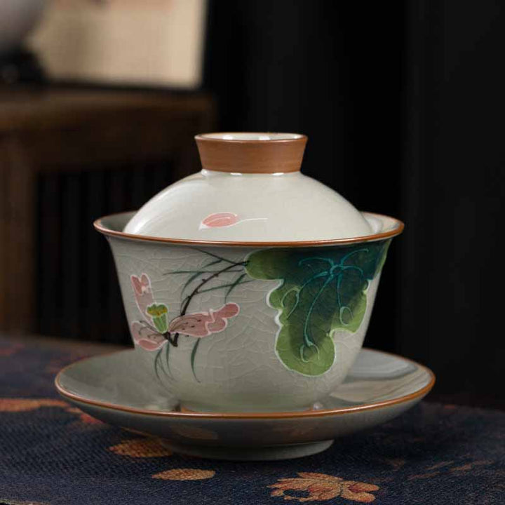 Buddha Stones Lotus Koi Fisch Pod Blatt Keramik Gaiwan Sancai Teetasse Kung Fu Teetasse und Untertasse mit Deckel 140 ml